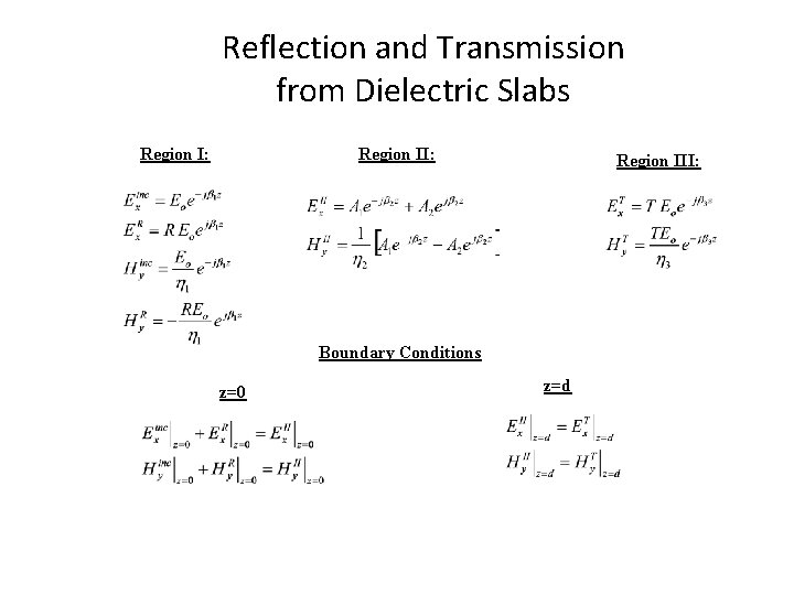 Reflection and Transmission from Dielectric Slabs Region I: Region III: Boundary Conditions z=0 z=d Reflection and Transmission from Dielectric Slabs Region I: Region III: Boundary Conditions z=0 z=d