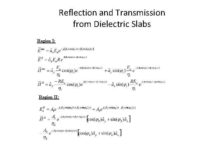 Reflection and Transmission from Dielectric Slabs Region I: Region II: Reflection and Transmission from Dielectric Slabs Region I: Region II: