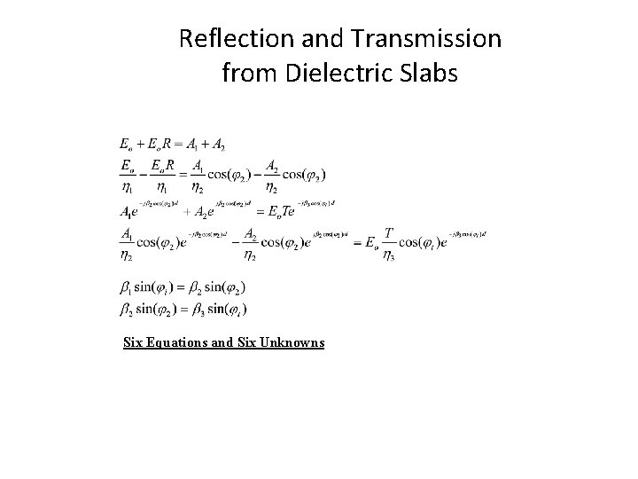 Reflection and Transmission from Dielectric Slabs Six Equations and Six Unknowns Reflection and Transmission from Dielectric Slabs Six Equations and Six Unknowns