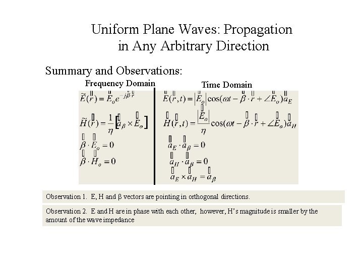Uniform Plane Waves: Propagation in Any Arbitrary Direction Summary and Observations: Frequency Domain Time Uniform Plane Waves: Propagation in Any Arbitrary Direction Summary and Observations: Frequency Domain Time