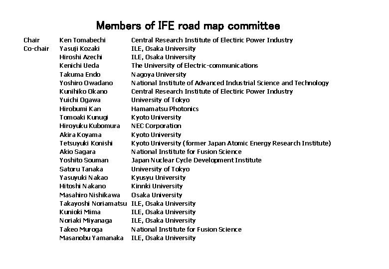 Members of IFE road map committee Chair Co-chair Ken Tomabechi Yasuji Kozaki Hiroshi Azechi