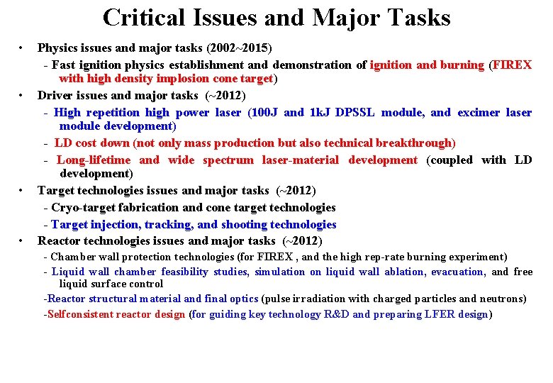 Critical Issues and Major Tasks • • Physics issues and major tasks (2002~2015) -