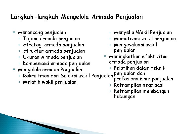 Langkah-langkah Mengelola Armada Penjualan Merancang penjualan ◦ Menyelia Wakil Penjualan ◦ Tujuan armada penjualan