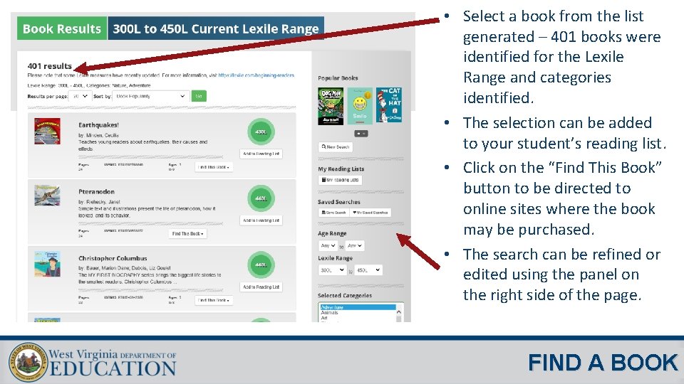  • Select a book from the list generated – 401 books were identified