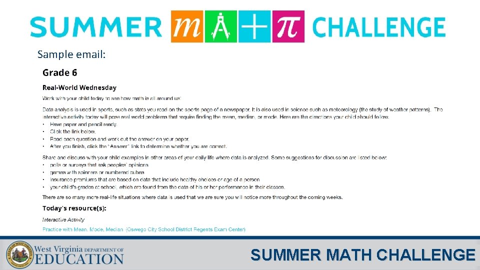 Sample email: SUMMER MATH CHALLENGE 