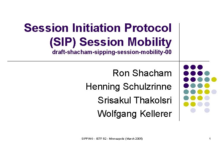 Session Initiation Protocol (SIP) Session Mobility draft-shacham-sipping-session-mobility-00 Ron Shacham Henning Schulzrinne Srisakul Thakolsri Wolfgang