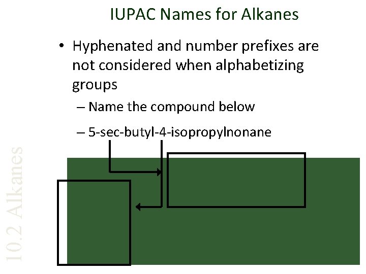 IUPAC Names for Alkanes • Hyphenated and number prefixes are not considered when alphabetizing
