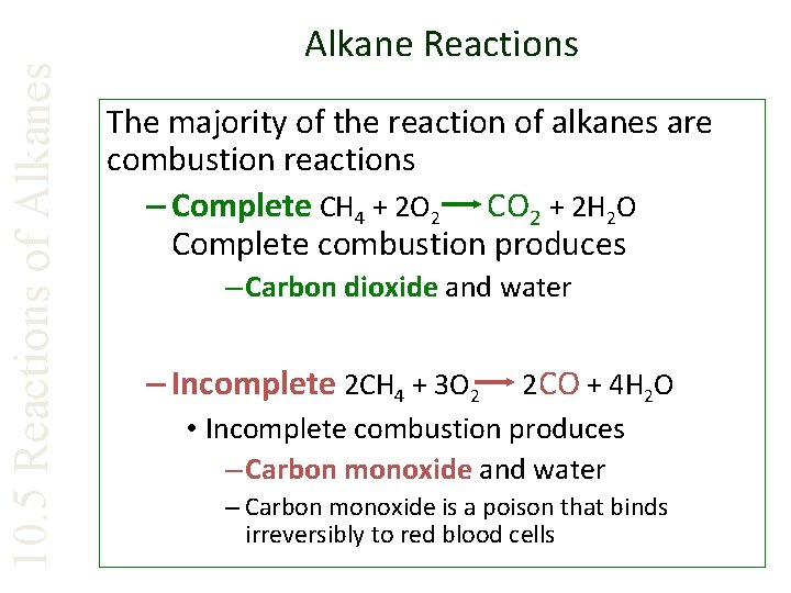 10. 5 Reactions of Alkanes Alkane Reactions The majority of the reaction of alkanes