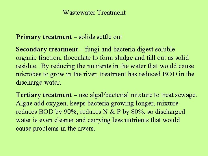 Wastewater Treatment Primary treatment – solids settle out Secondary treatment – fungi and bacteria