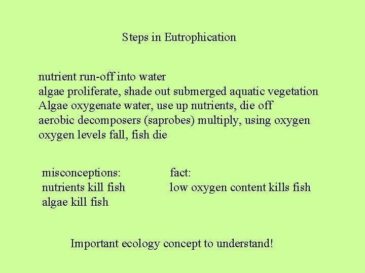 Steps in Eutrophication nutrient run-off into water algae proliferate, shade out submerged aquatic vegetation