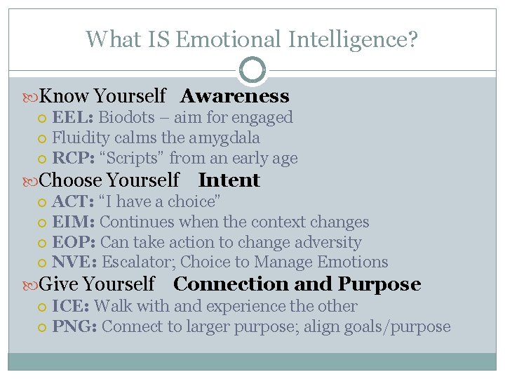 What IS Emotional Intelligence? Know Yourself Awareness EEL: Biodots – aim for engaged Fluidity What IS Emotional Intelligence? Know Yourself Awareness EEL: Biodots – aim for engaged Fluidity