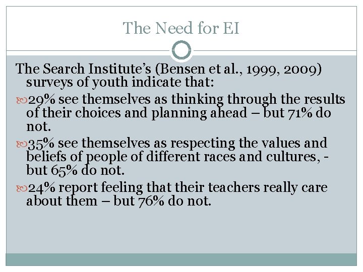 The Need for EI The Search Institute’s (Bensen et al. , 1999, 2009) surveys The Need for EI The Search Institute’s (Bensen et al. , 1999, 2009) surveys