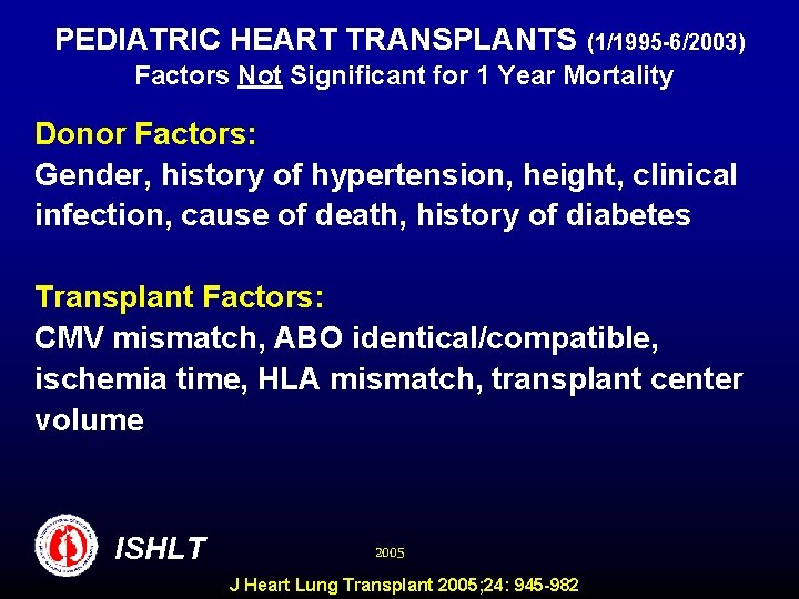 PEDIATRIC HEART TRANSPLANTS (1/1995 -6/2003) Factors Not Significant for 1 Year Mortality Donor Factors: