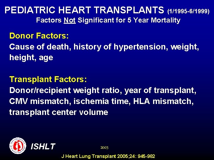 PEDIATRIC HEART TRANSPLANTS (1/1995 -6/1999) Factors Not Significant for 5 Year Mortality Donor Factors: