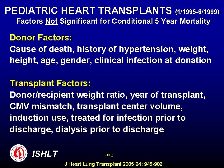 PEDIATRIC HEART TRANSPLANTS (1/1995 -6/1999) Factors Not Significant for Conditional 5 Year Mortality Donor