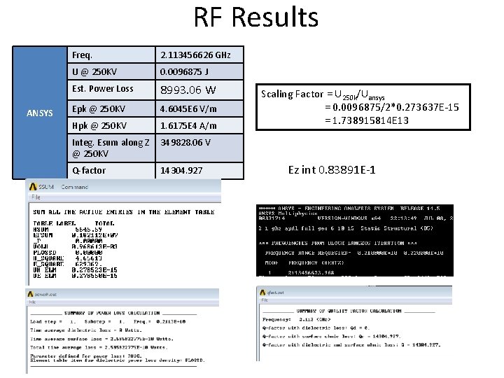 RF Results ANSYS Freq. 2. 113456626 GHz U @ 250 KV 0. 0096875 J RF Results ANSYS Freq. 2. 113456626 GHz U @ 250 KV 0. 0096875 J