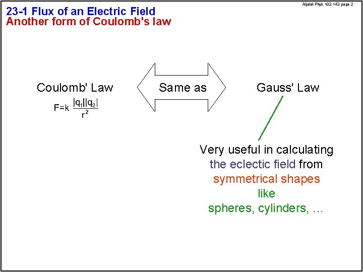 Aljalal-Phys. 102 -142 -page 2 23 -1 Flux of an Electric Field Another form Aljalal-Phys. 102 -142 -page 2 23 -1 Flux of an Electric Field Another form