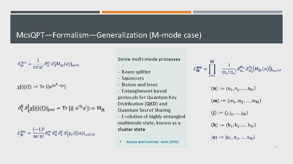 Mcs. QPT—Formalism—Generalization (M-mode case) Some multi-mode processes - Beam splitter - Squeezers - Noises