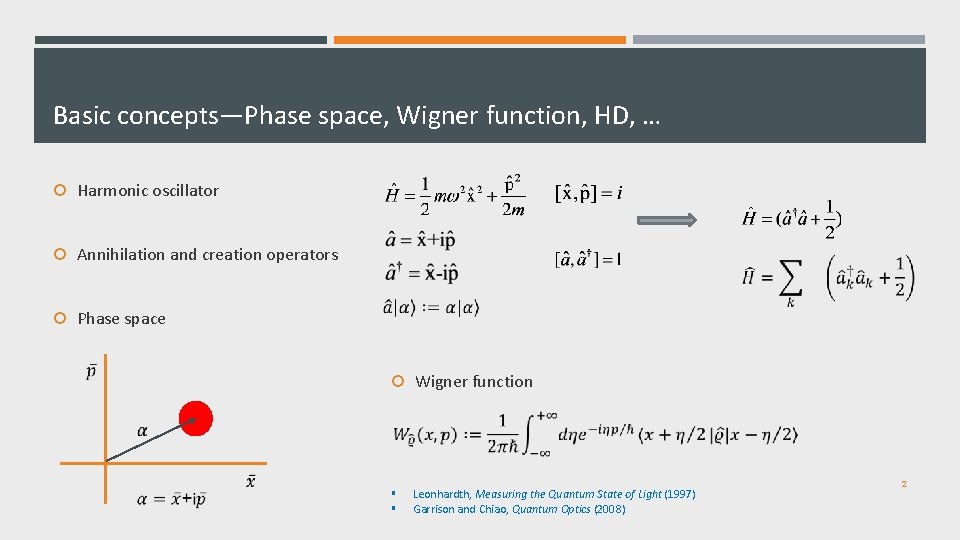 Basic concepts—Phase space, Wigner function, HD, … Harmonic oscillator Annihilation and creation operators Phase