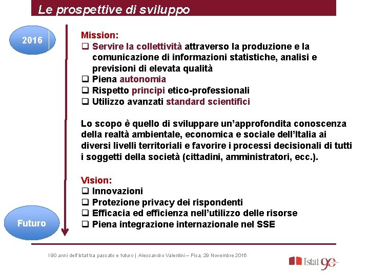 Le prospettive di sviluppo 2016 Mission: q Servire la collettività attraverso la produzione e
