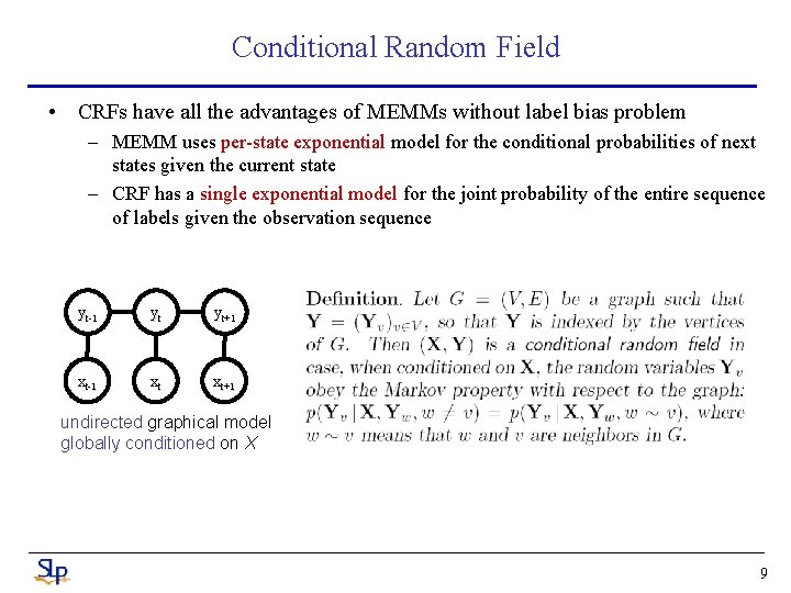 Conditional Random Field • CRFs have all the advantages of MEMMs without label bias