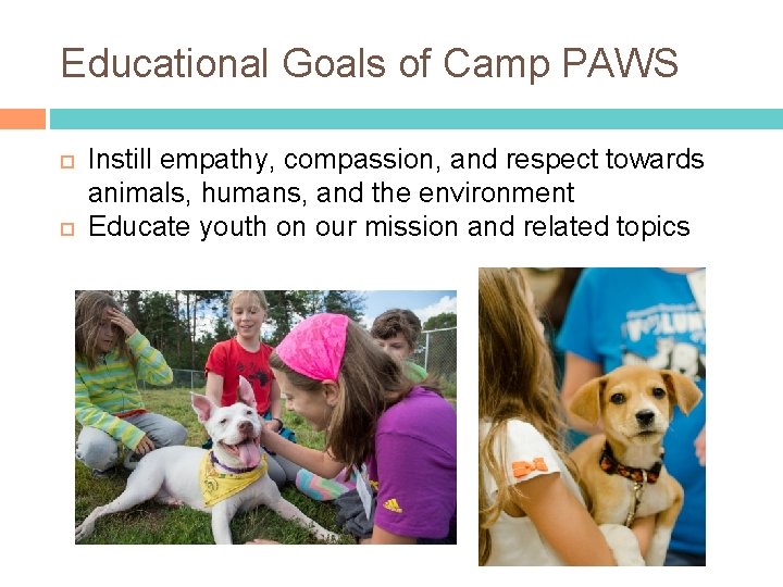 Educational Goals of Camp PAWS Instill empathy, compassion, and respect towards animals, humans, and