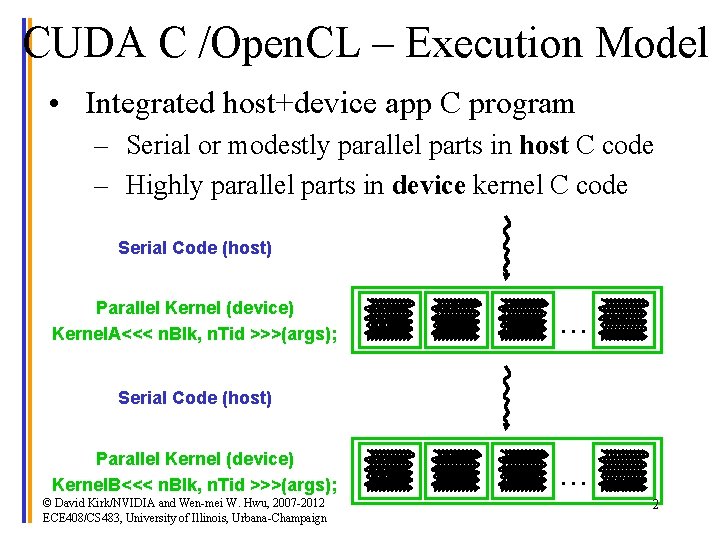 CUDA C /Open. CL – Execution Model • Integrated host+device app C program –