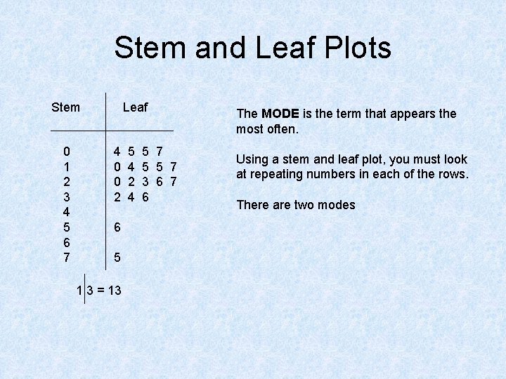 Stem and Leaf Plots Stem 0 1 2 3 4 5 6 7 Leaf