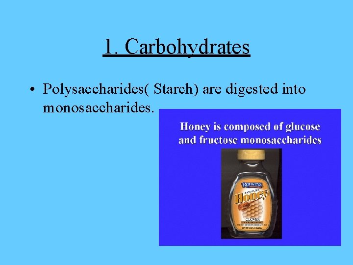1. Carbohydrates • Polysaccharides( Starch) are digested into monosaccharides. 