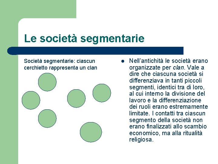 Le società segmentarie Società segmentarie: ciascun cerchietto rappresenta un clan l Nell’antichità le società