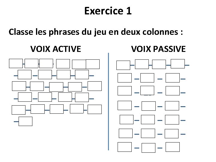 Exercice 1 Classe les phrases du jeu en deux colonnes : VOIX ACTIVE 1