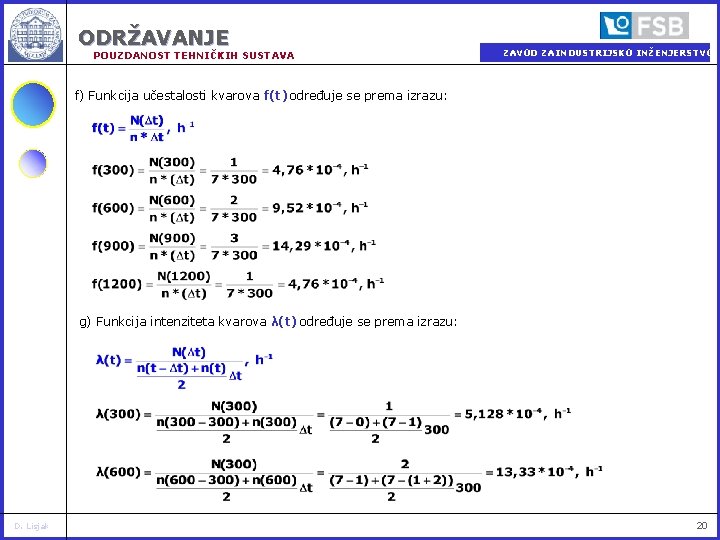 ODRŽAVANJE POUZDANOST TEHNIČKIH SUSTAVA ZAVOD ZA INDUSTRIJSKO INŽENJERSTVO f) Funkcija učestalosti kvarova f(t) određuje