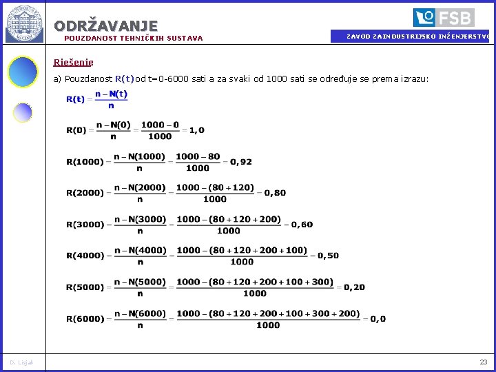 ODRŽAVANJE POUZDANOST TEHNIČKIH SUSTAVA ZAVOD ZA INDUSTRIJSKO INŽENJERSTVO Rješenje: a) Pouzdanost R(t) od t=0
