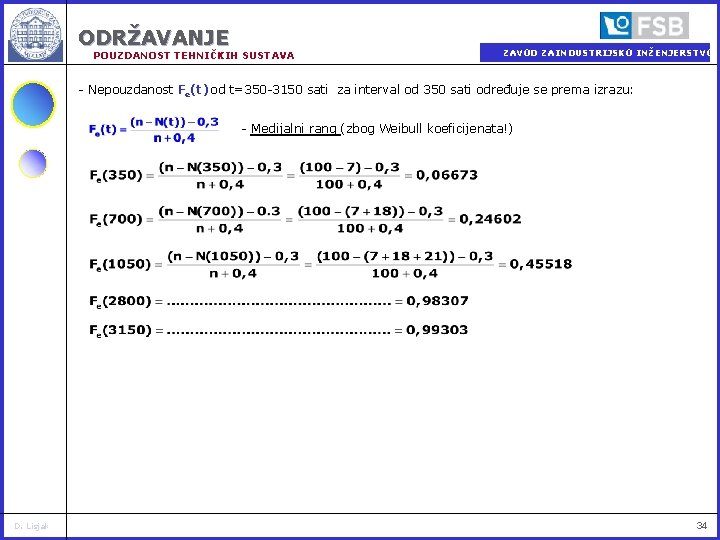 ODRŽAVANJE POUZDANOST TEHNIČKIH SUSTAVA ZAVOD ZA INDUSTRIJSKO INŽENJERSTVO - Nepouzdanost Fe(t) od t=350 -3150