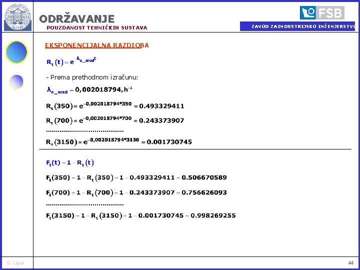 ODRŽAVANJE POUZDANOST TEHNIČKIH SUSTAVA ZAVOD ZA INDUSTRIJSKO INŽENJERSTVO EKSPONENCIJALNA RAZDIOBA - Prema prethodnom izračunu: