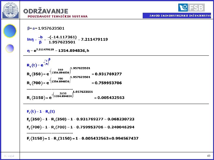 ODRŽAVANJE POUZDANOST TEHNIČKIH SUSTAVA ZAVOD ZA INDUSTRIJSKO INŽENJERSTVO β=a=1. 957623501 D. Lisjak 49 