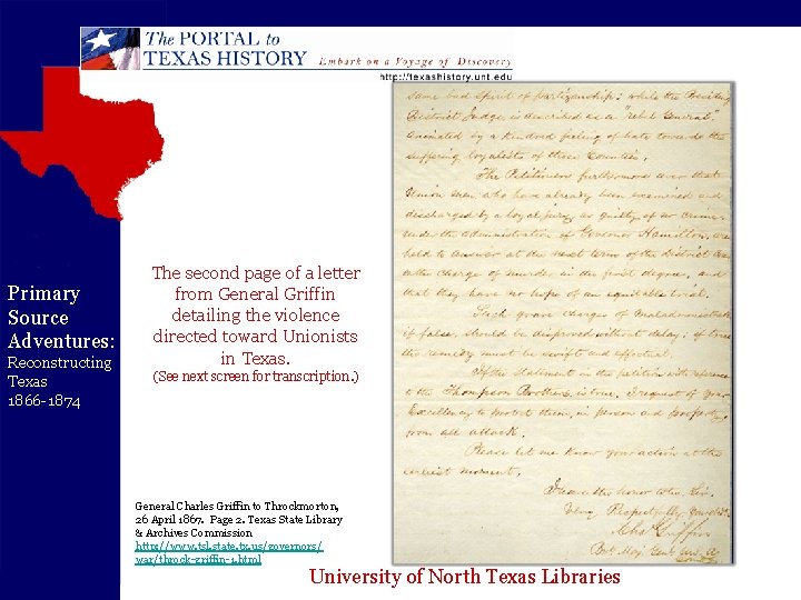 Primary Source Adventures: Reconstructing Texas 1866 -1874 The second page of a letter from
