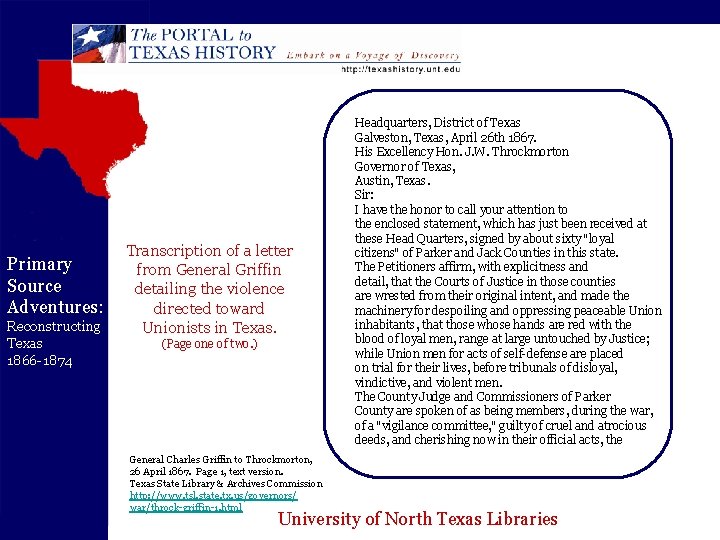 Primary Source Adventures: Reconstructing Texas 1866 -1874 Transcription of a letter from General Griffin