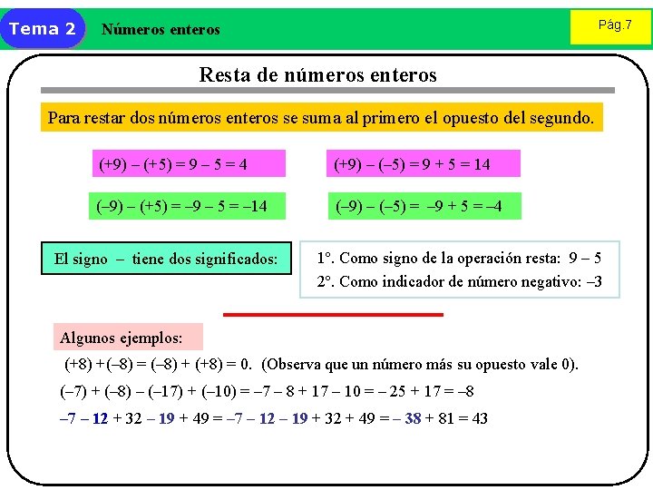 Tema 2 Pág. 7 Números enteros Resta de números enteros Para restar dos números