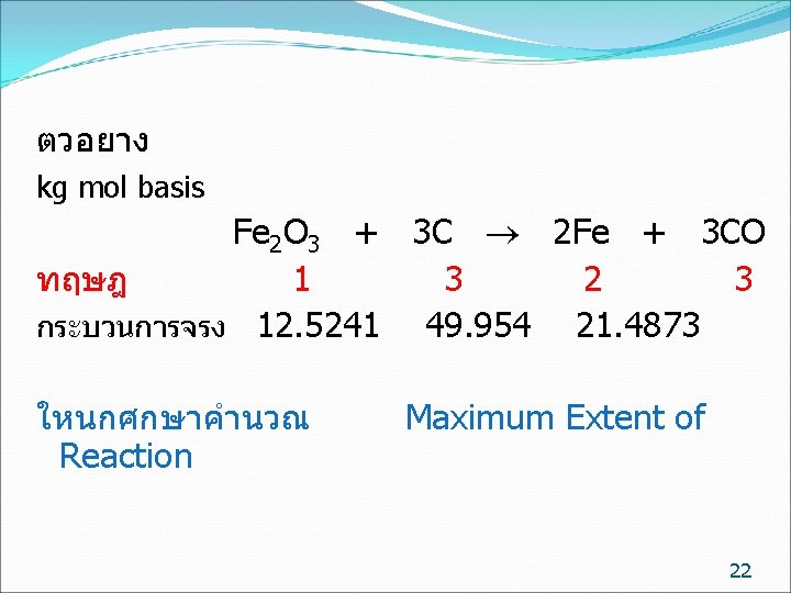 ตวอยาง kg mol basis Fe 2 O 3 + 3 C 2 Fe +