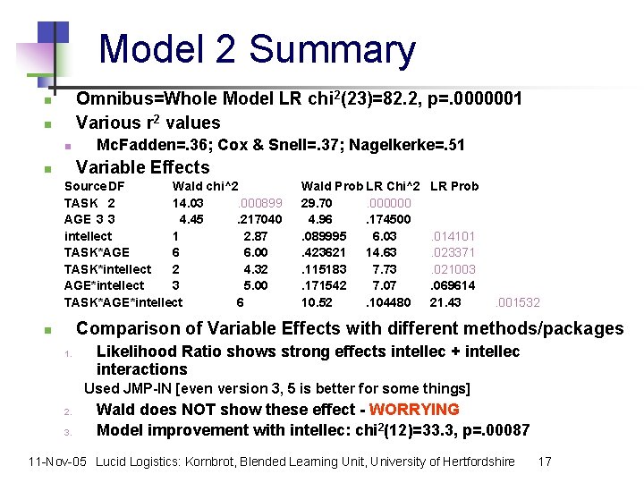 Model 2 Summary Omnibus=Whole Model LR chi 2(23)=82. 2, p=. 0000001 Various r 2