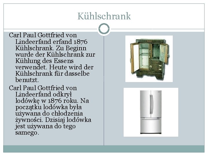 Kühlschrank Carl Paul Gottfried von Lindeerfand 1876 Kühlschrank. Zu Beginn wurde der Kühlschrank zur