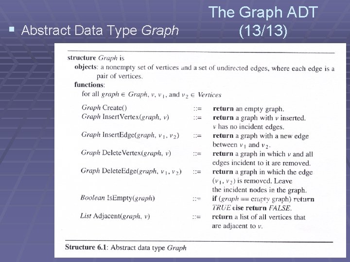 § Abstract Data Type Graph The Graph ADT (13/13) § Abstract Data Type Graph The Graph ADT (13/13)