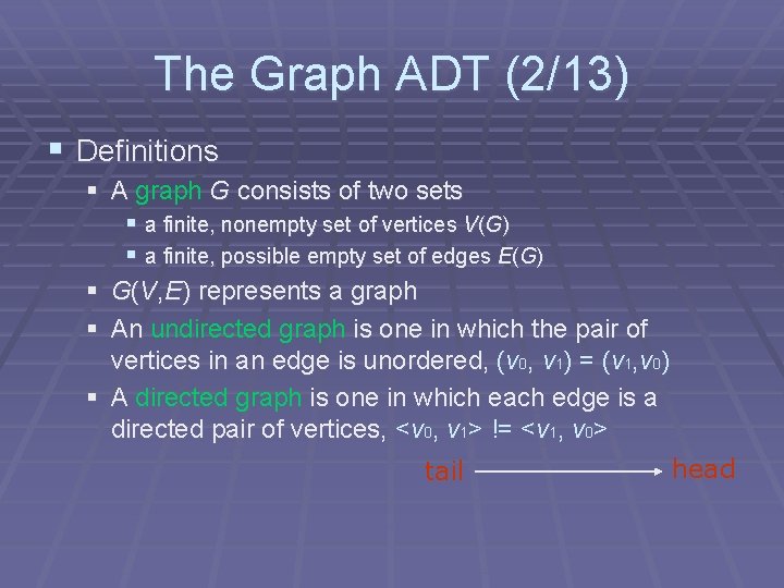 The Graph ADT (2/13) § Definitions § A graph G consists of two sets The Graph ADT (2/13) § Definitions § A graph G consists of two sets