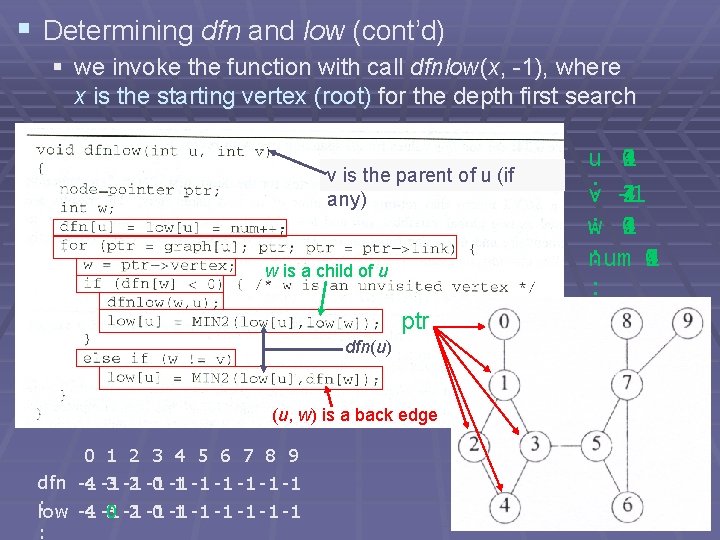 § Determining dfn and low (cont’d) § we invoke the function with call dfnlow(x, § Determining dfn and low (cont’d) § we invoke the function with call dfnlow(x,