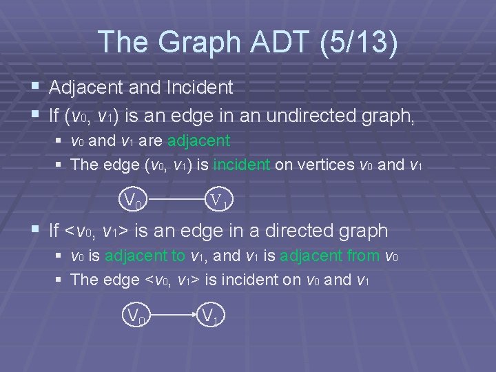 The Graph ADT (5/13) § Adjacent and Incident § If (v 0, v 1) The Graph ADT (5/13) § Adjacent and Incident § If (v 0, v 1)