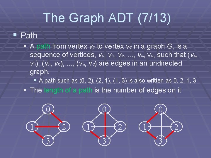 The Graph ADT (7/13) § Path § A path from vertex vp to vertex The Graph ADT (7/13) § Path § A path from vertex vp to vertex