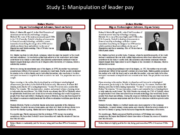 Study 1: Manipulation of leader pay 