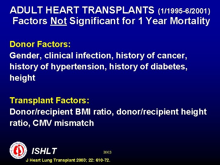 ADULT HEART TRANSPLANTS (1/1995 -6/2001) Factors Not Significant for 1 Year Mortality Donor Factors: