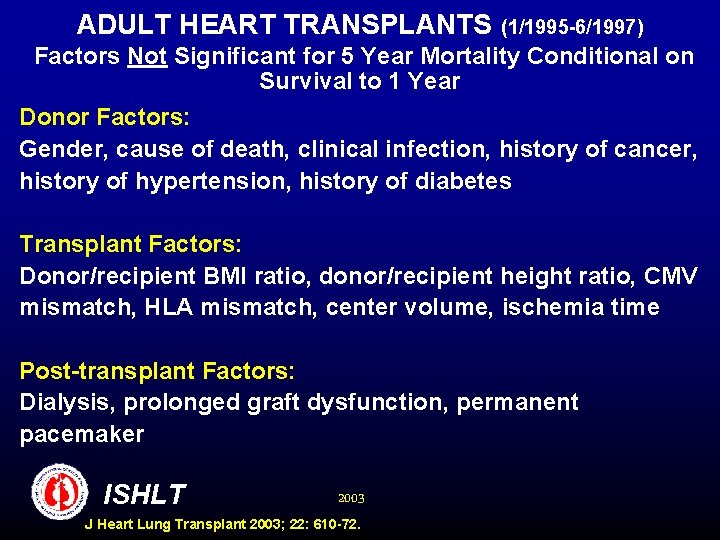 ADULT HEART TRANSPLANTS (1/1995 -6/1997) Factors Not Significant for 5 Year Mortality Conditional on